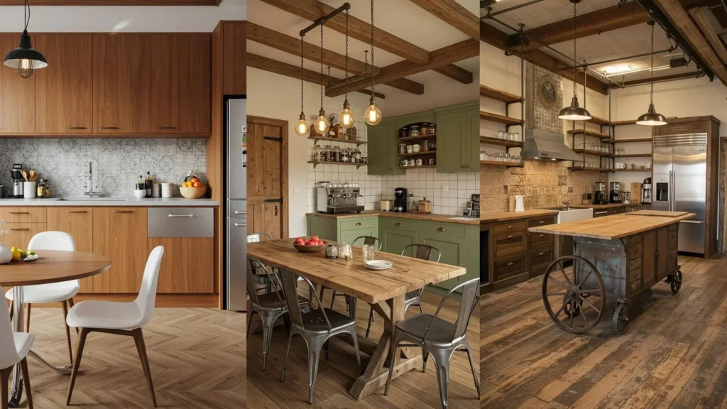 Cocinas de cafetería industrial con vigas de madera, lámparas colgantes, islas y comedor. Ideas de decoración.