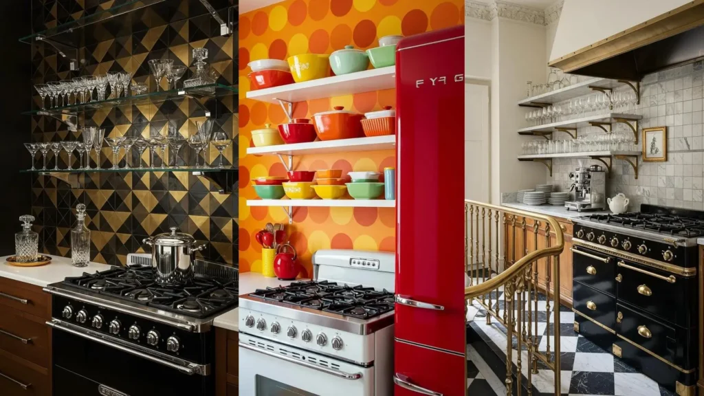 Inspiradoras cocinas con estanterías abiertas mostrando cristalería, menaje colorido y electrodomésticos vintage como una nevera roja.