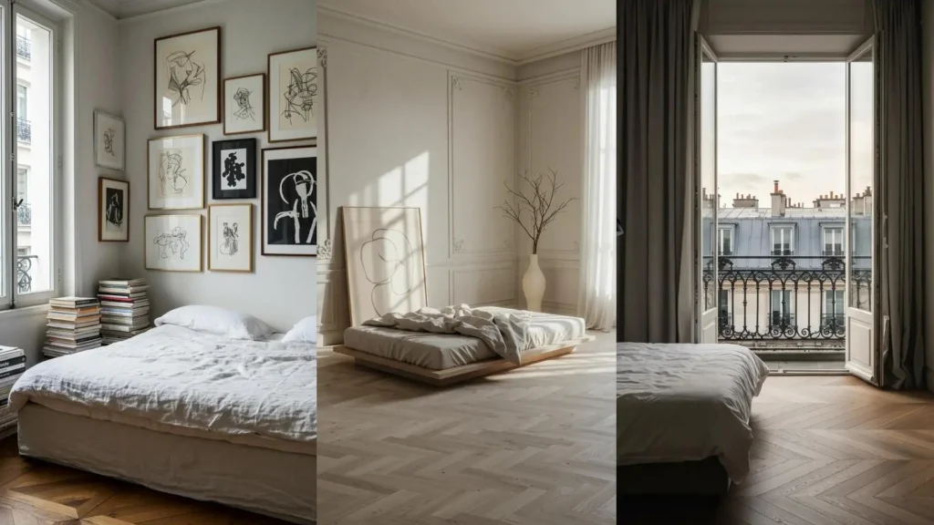 Dormitorio parisino chic con cama de lino, arte moderno y balcón francés con vistas a los tejados de París.
