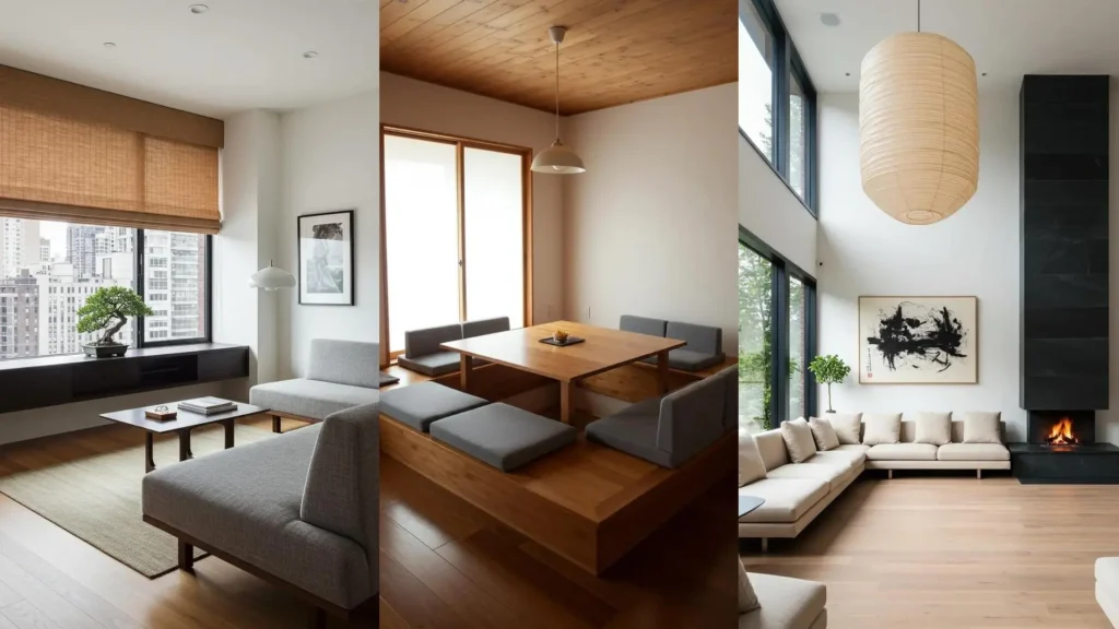 Salas de estar japonesas minimalistas y zen con mobiliario sencillo, bonsái, y abundante luz natural.