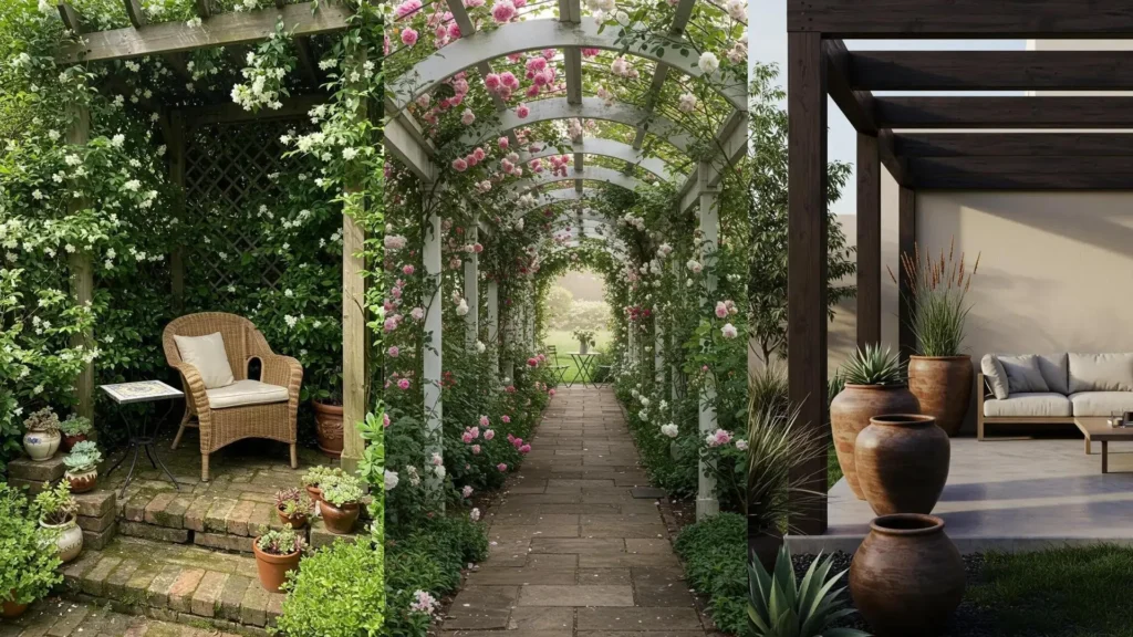 Jardines mediterráneos con pérgolas de madera, flores y cerámica artesanal, creando patios acogedores.