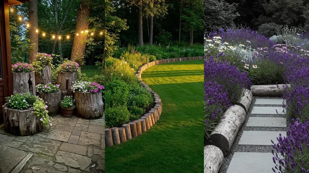 Jardines rústicos con flores silvestres, troncos de madera natural como macetas y bordes, creando espacios exteriores encantadores.