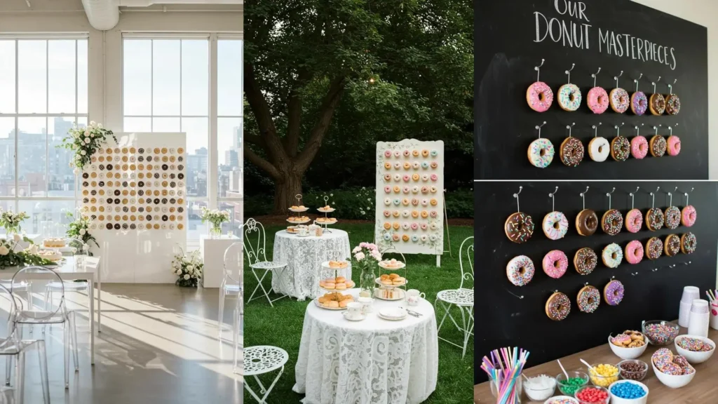Donuts colgantes para cumpleaños divertidos: tres originales mesas con donas de colores y decoraciones festivas.