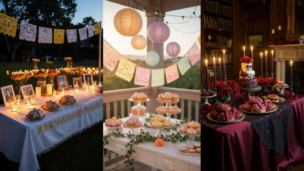 Mesas de dulces festivas con pan de muerto y papel picado. Varias ideas de decoración tradicional y colorida.