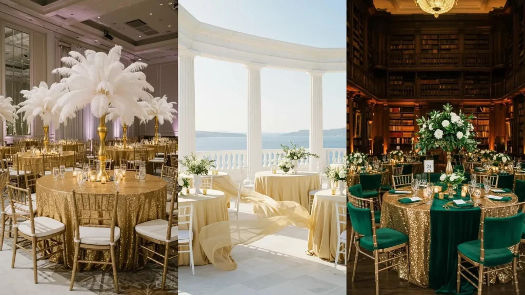 Mesas redondas lujosas con manteles dorados y centros de mesa florales para una boda elegante.