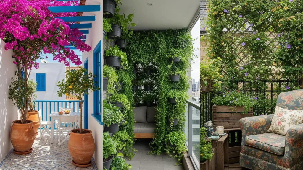 Balcones urbanos exuberantes con enredaderas verdes y flores vibrantes, creando un oasis natural en la ciudad.