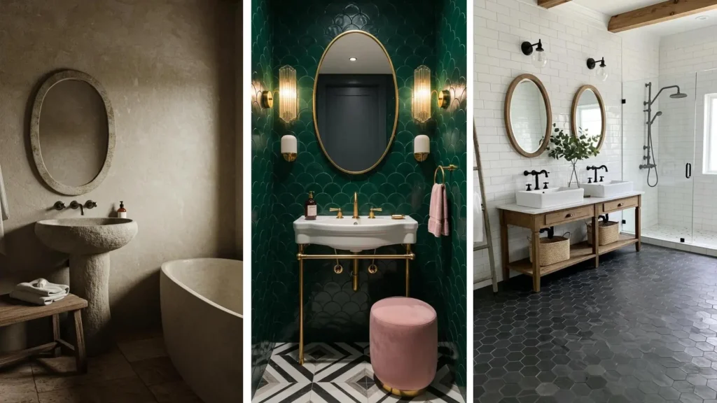 Tres baños elegantes con espejos ovalados y diseños de formas orgánicas, mostrando variedad de estilos modernos y rústicos.