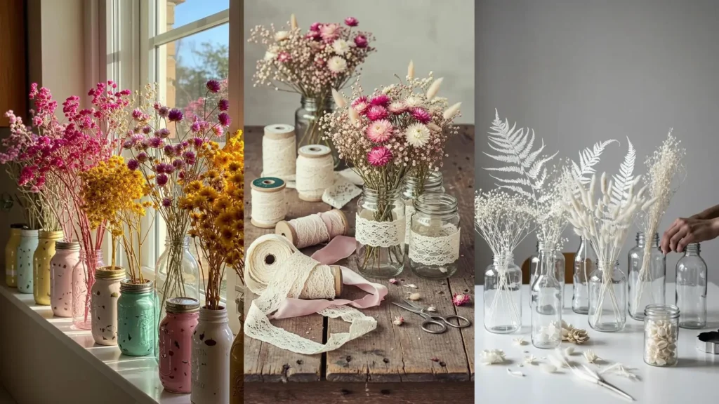 Varios frascos decorados con encaje llenos de flores secas de colores, creando una decoración romántica para el hogar.