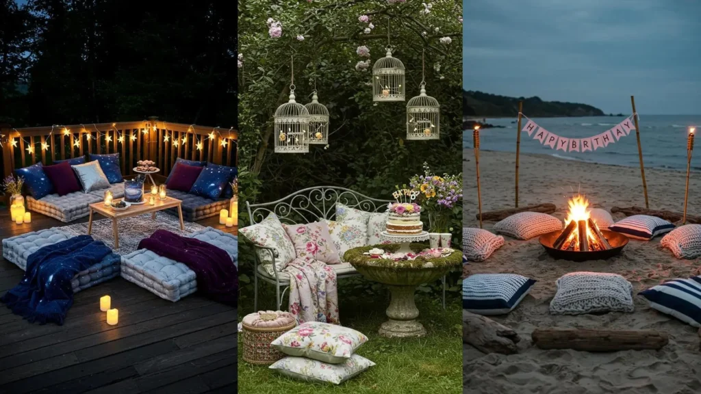 Variedad de rincones chill out con cojines y decoración festiva para cumpleaños relajados y memorables.