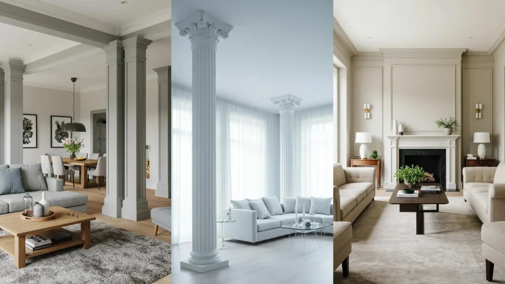 Varias salas de estar con columnas falsas de estilo grecorromano, mostrando ideas DIY para un hogar elegante.