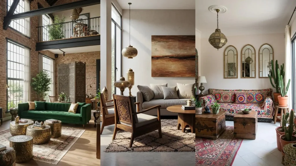 Tres salones luminosos con decoración boho marroquí, destacando lámparas, alfombras y muebles exóticos.
