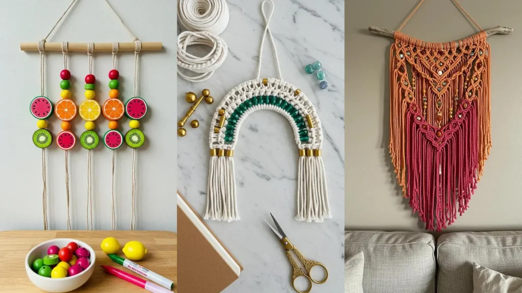 Tapices de macramé con cuentas de colores vivos y diseños variados, como frutas y arcoíris, para un look alegre.