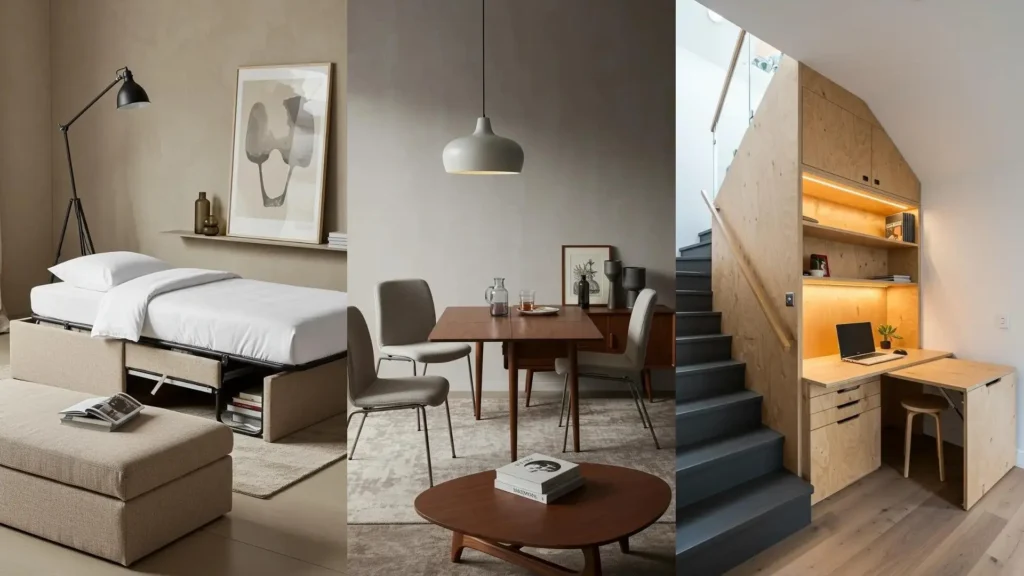 Muebles plegables para espacios multifuncionales: sofá cama, mesa extensible y escritorio integrado.