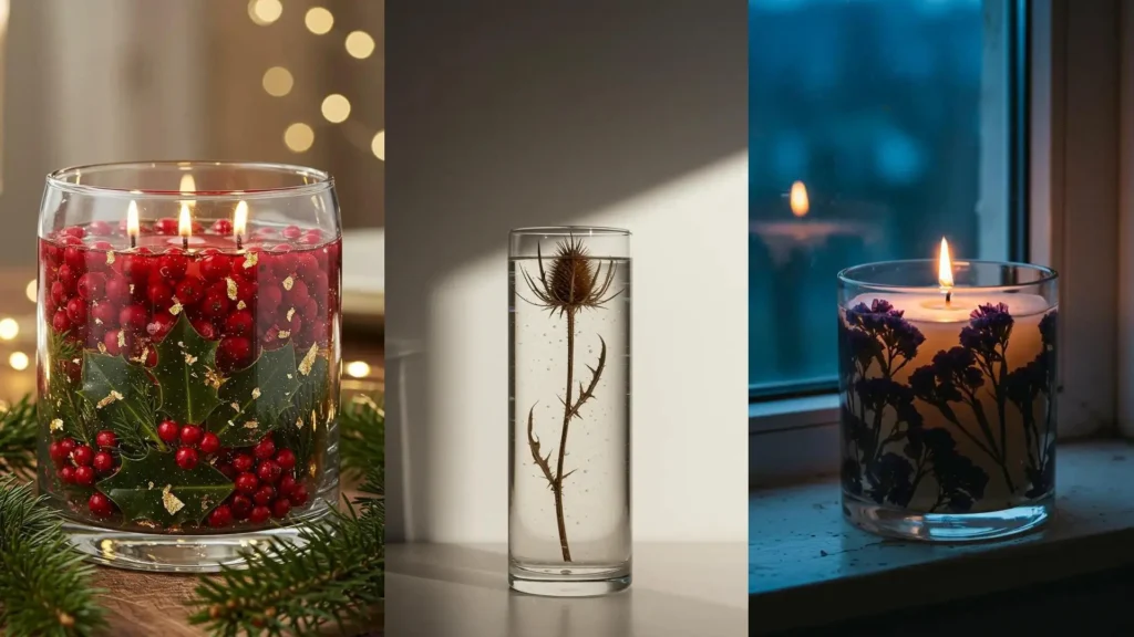 Velas caseras con capas de cera transparente, flores y bayas dentro. Ideas creativas de bricolaje para el hogar.