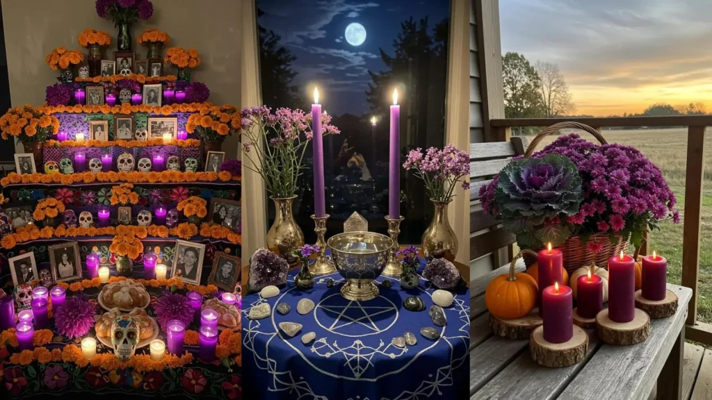 Collage de altares caseros con velas, flores moradas, ofrendas y decoración festiva, inspirando la celebración.