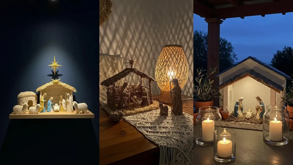 Tres belenes caseros con figuras artesanales, pesebres únicos y luces cálidas creando un ambiente festivo y acogedor.