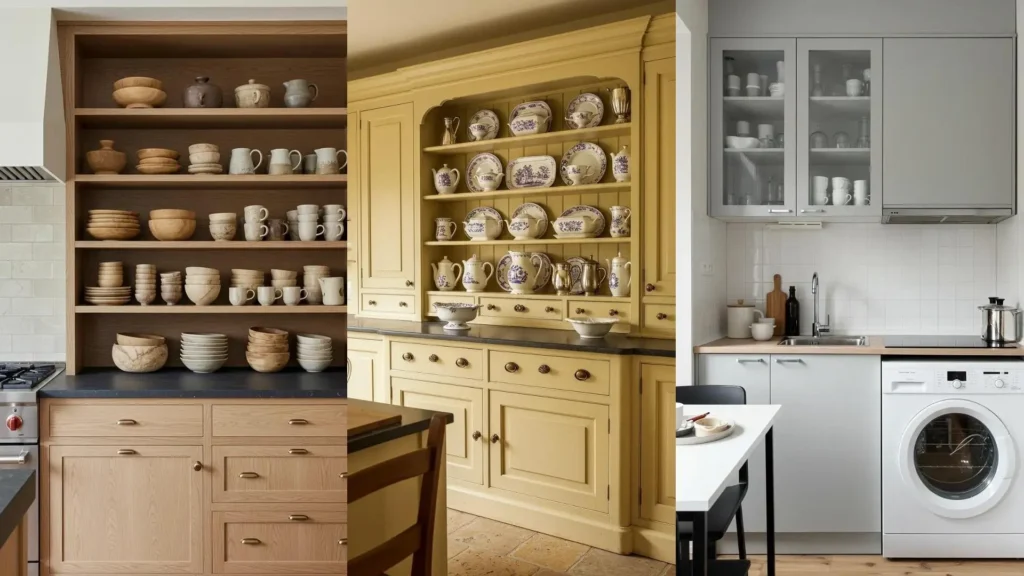 Tres cocinas con vitrinas abiertas que muestran vajilla diversa, destacando diseños de madera, porcelana y cristalería.