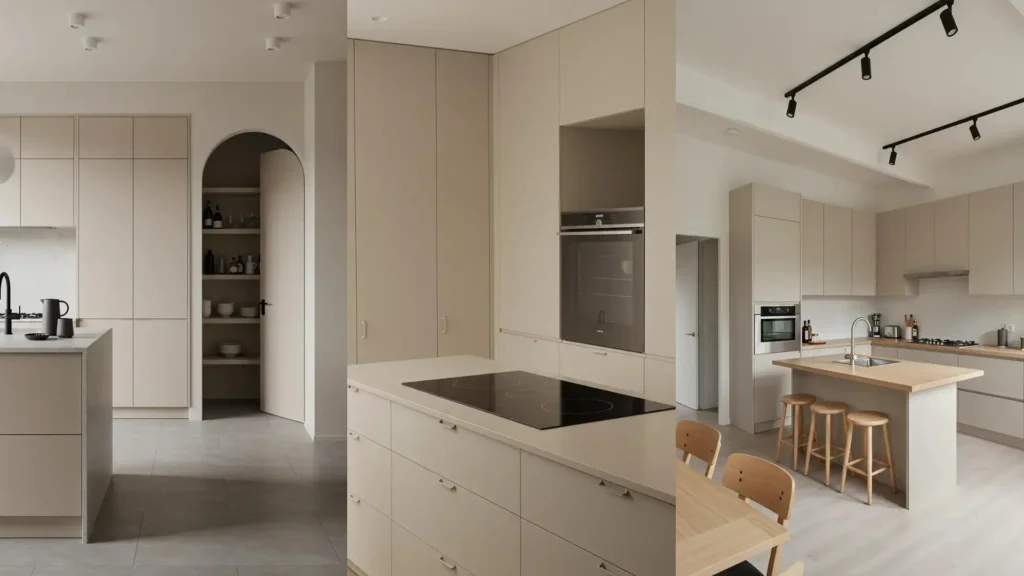 Cocina coreana moderna con muebles lisos en tonos beige suaves, encimeras claras e isla central con taburetes de madera.