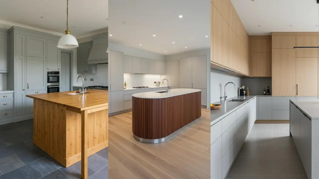 Cocinas modernas con combinaciones de tonos grises en gabinetes y cálida madera natural en islas.