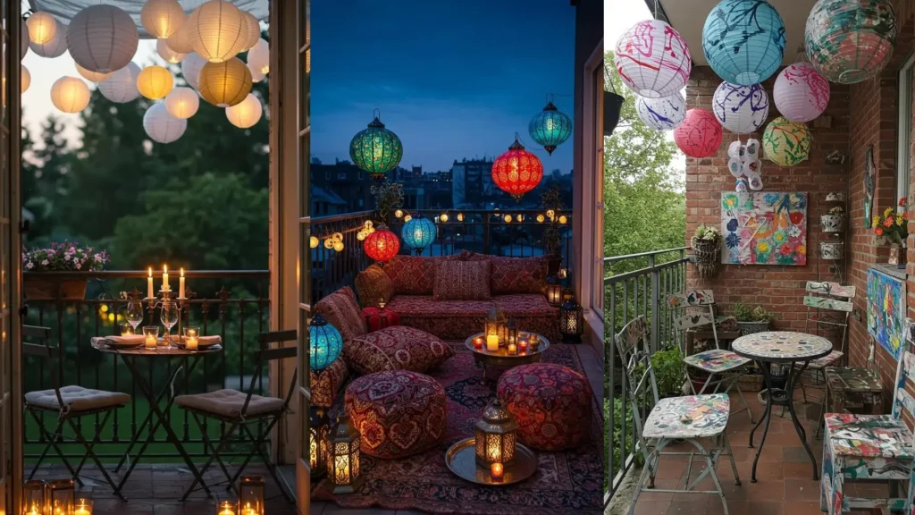 Fiesta de colores en balcones: lámparas de papel vibrantes y decoración exterior para crear un ambiente único.