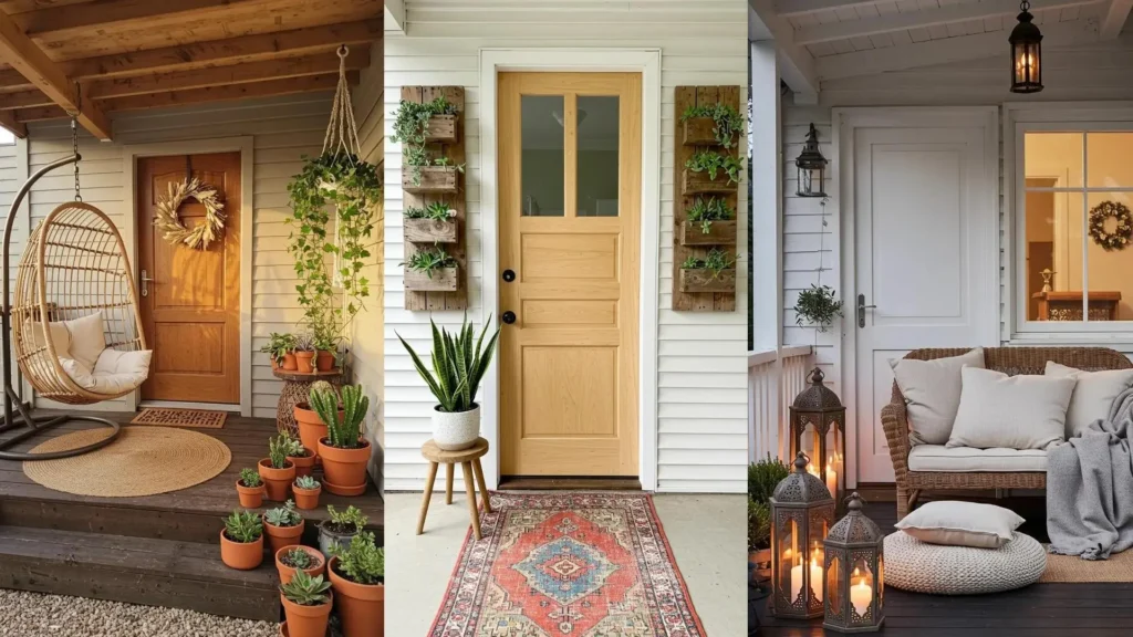 Tres porches pequeños transformados en entradas boho acogedoras con plantas, muebles de mimbre y decoración natural.