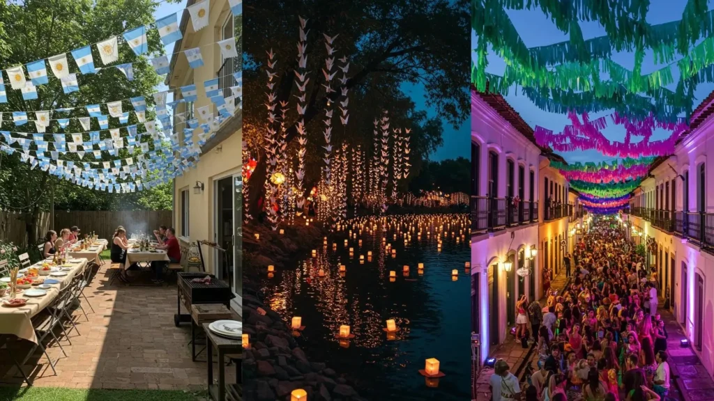 Calle festiva decorada con guirnaldas de papel de colores para una fiesta popular. Inspiración DIY.