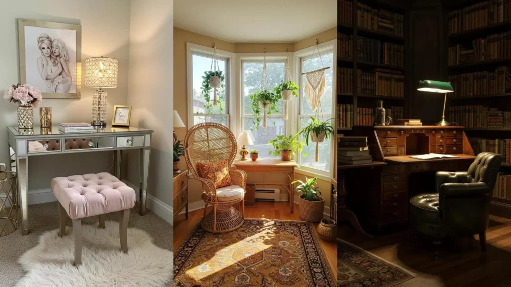 Rincones de estudio creativo con inspiración vintage, bohemia y clásica. Ideas de decoración con escritorios y ambientes acogedores.