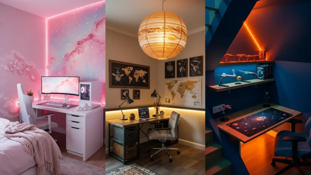Tres estudios gamer con decoración LED vibrante, lámpara de planeta, modelos de naves espaciales y temática espacial para setups de ensueño.
