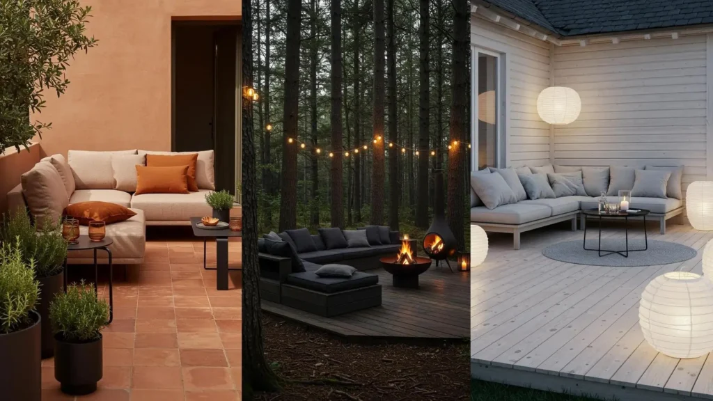 Patios modernos con sofás modulares y cojines monocromáticos: un diseño elegante para exteriores relajantes.