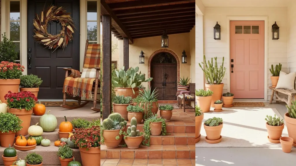Porche inspirado en el desierto con macetas de terracota llenas de suculentas y cactus, creando un ambiente cálido y acogedor.