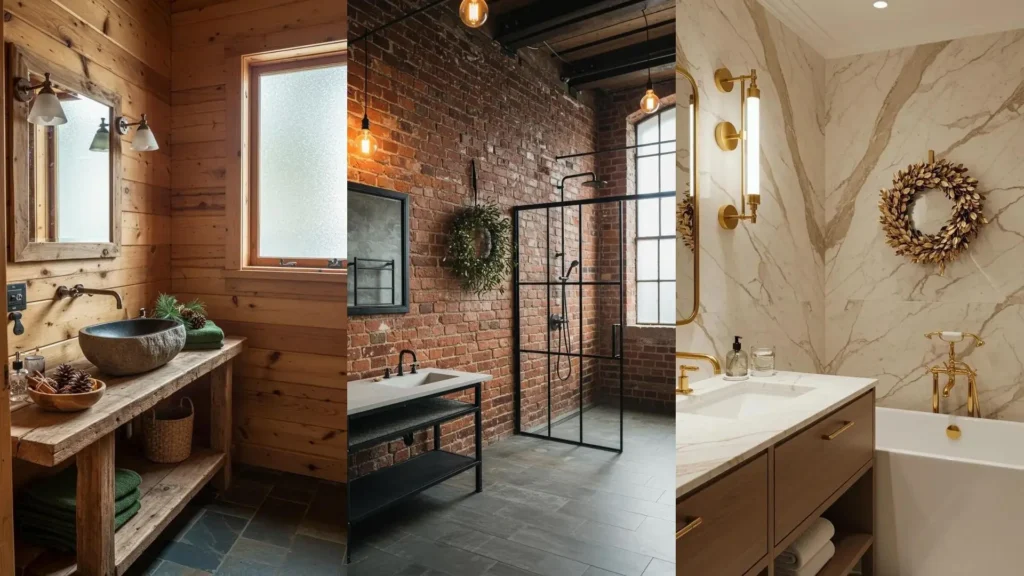 Inspiraciones para baños navideños elegantes y sutiles: detalles festivos, coronas y texturas naturales en varios estilos.