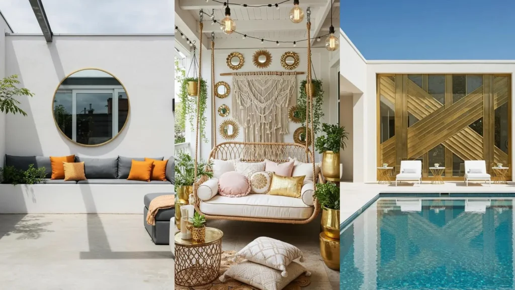 Jardines glamurosos con espejos decorativos redondos, columpios y detalles dorados en patios modernos.