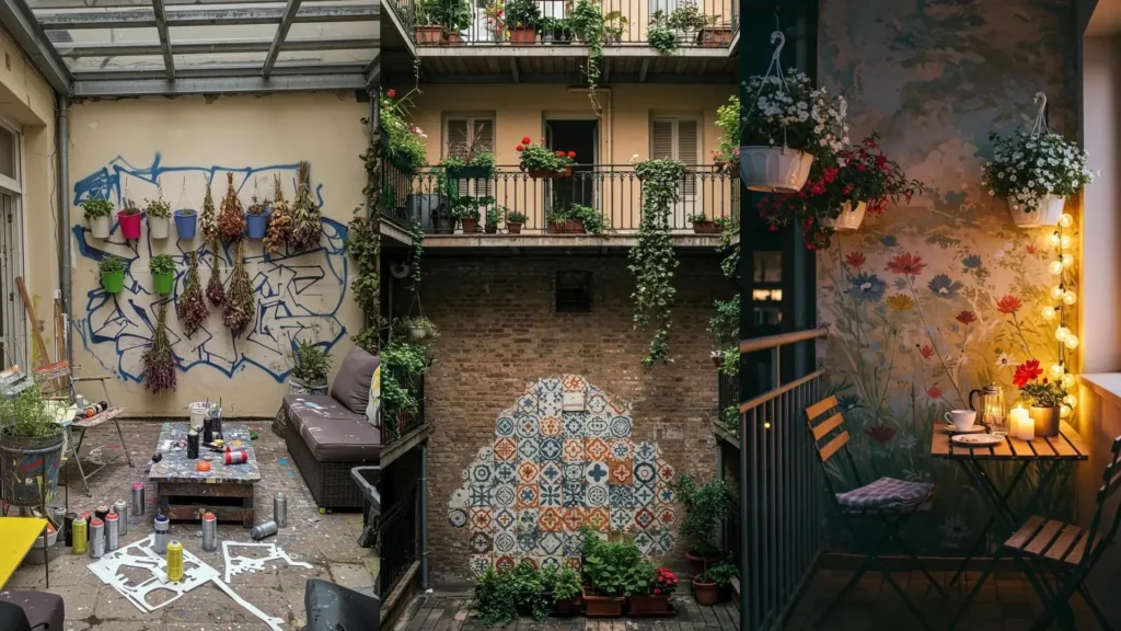 Jardines urbanos creativos con grafitis, macetas y plantas colgantes decorando paredes y balcones.