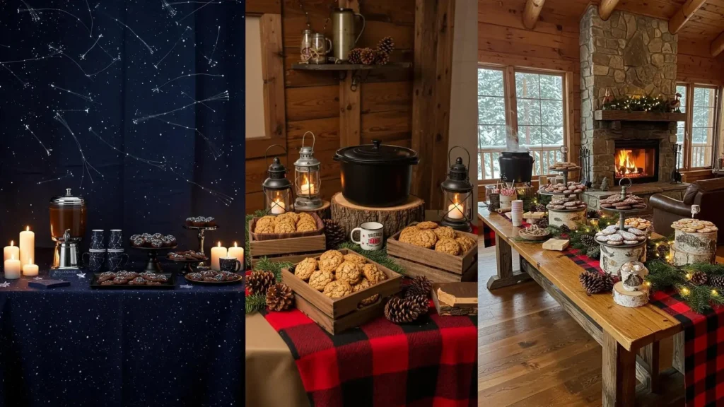 Tres mesas de postres invernales con chocolate caliente y galletas, decoradas festivamente para fiestas de temporada.