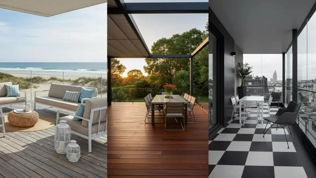 Tres patios modernos con barandales de vidrio y muebles metálicos contemporáneos, ofreciendo vistas a la playa, jardín y ciudad.