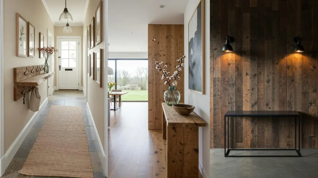 Diseño de entradas farmhouse cálidas con paredes y muebles de madera recuperada, creando ambientes acogedores.