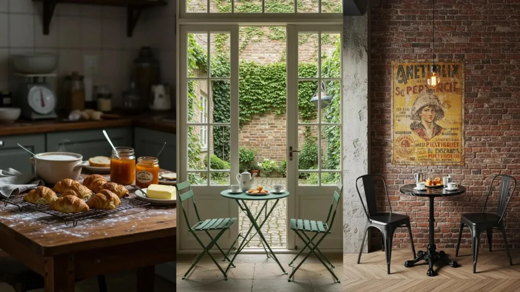 Rincones de desayuno vintage con croissants frescos, mermelada y mesas estilo cafetería parisina en patio y interior.