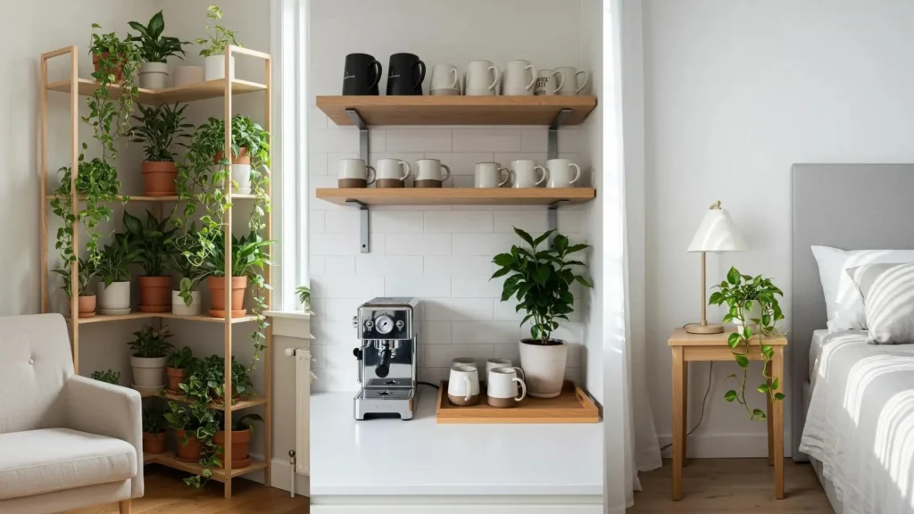 Ambientes nórdicos inspiradores: estantería con plantas, rincón de café y dormitorio, creados fácilmente con IKEA.