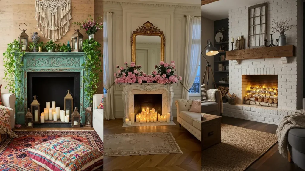 Chimeneas falsas realistas en 3 salas, decoradas con velas y arreglos florales, añadiendo romanticismo al hogar.