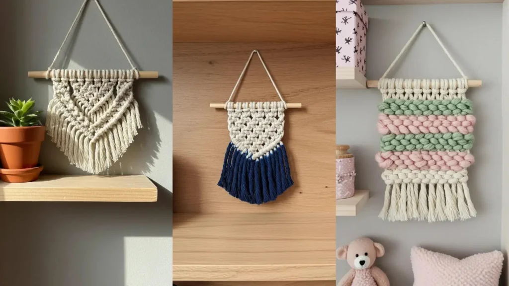 Tres tapices de macramé en miniatura, de diferentes colores y diseños, adornando estantes y aportando un toque acogedor.