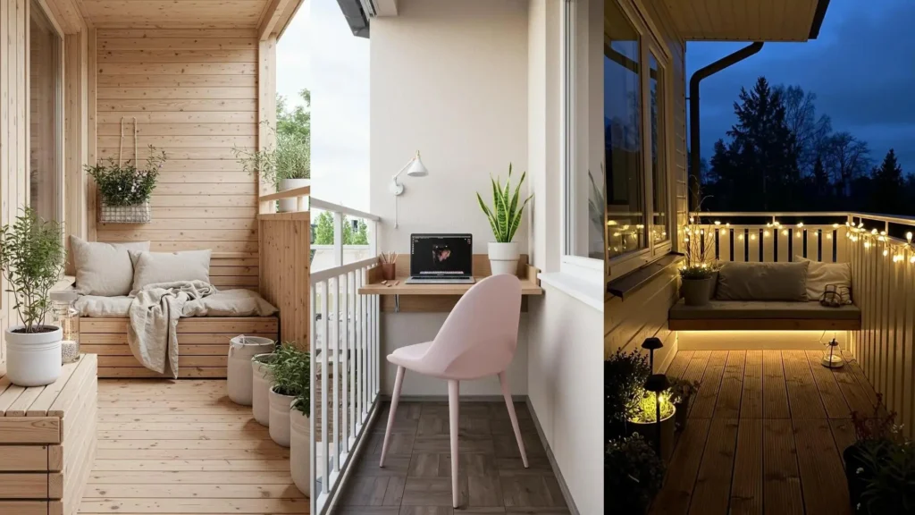 Diseños de balcones escandinavos que combinan estética y funcionalidad con madera, plantas, un área de trabajo y luces.