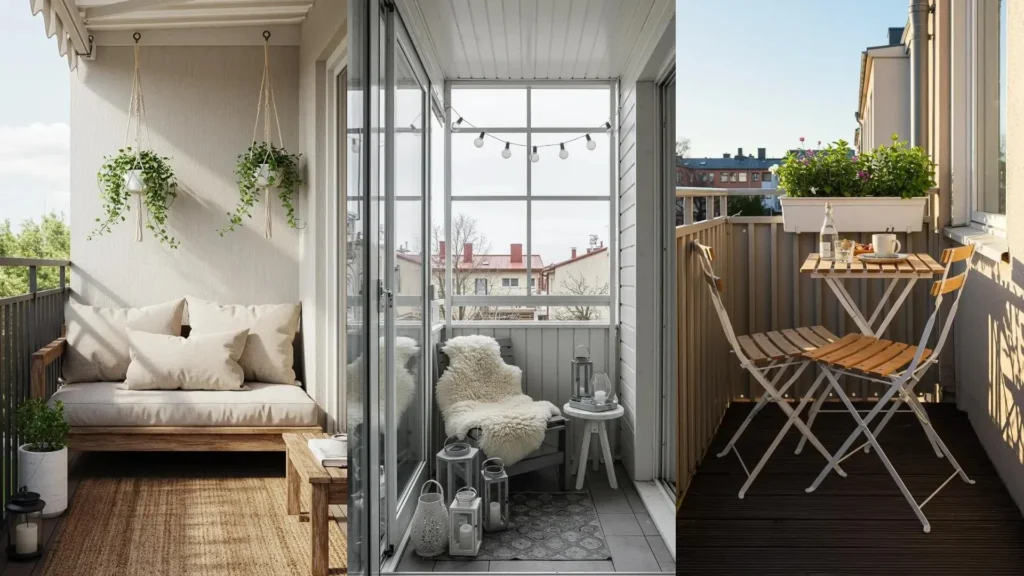 Tres balcones escandinavos mostrando diseño funcional y estética acogedora con plantas, muebles de madera y textiles.