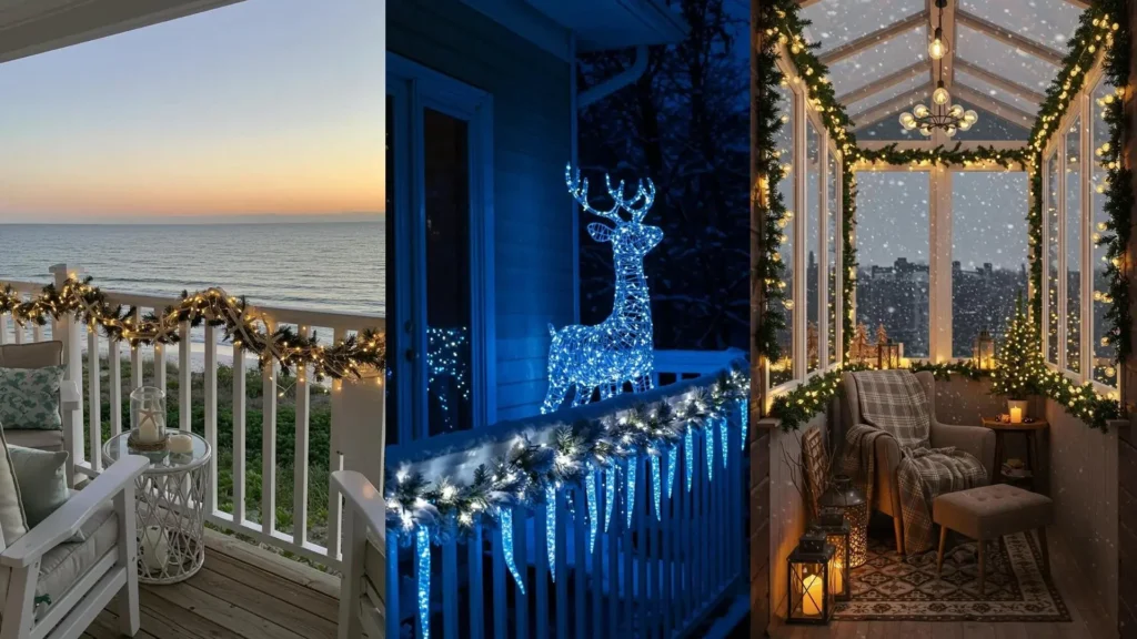 Tres balcones navideños decorados con guirnaldas festivas, luces brillantes, un reno luminoso y adornos invernales.