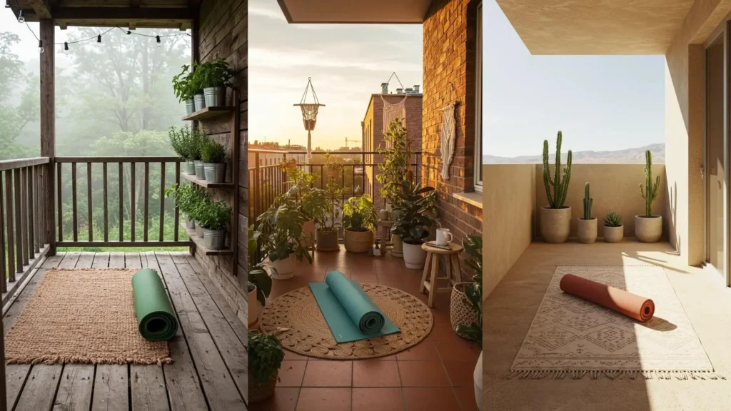 Tres balcones distintos preparados para yoga con alfombras y plantas relajantes, perfectos para la meditación.