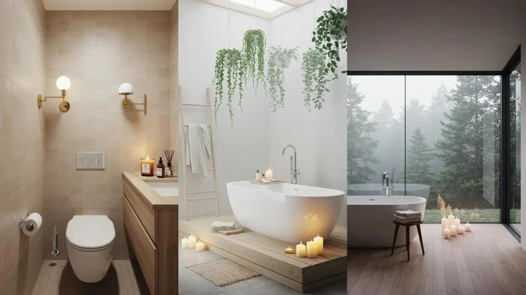 Baño de estilo spa sueco con bañera, madera clara, velas cálidas y vista a la naturaleza brumosa, evocando calma.