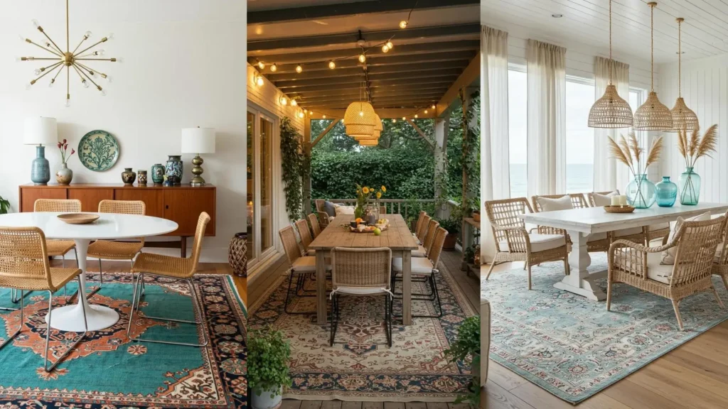 Tres comedores bohemios con alfombras persas, sillas de ratán y mesas de madera. Inspiración para un estilo único y cálido.