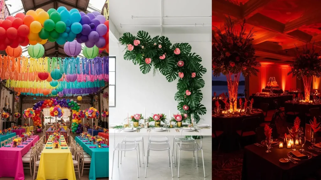 Decoración de cumpleaños estilo hawaiano con mesa elegante, grandes hojas de monstera y flores tropicales.