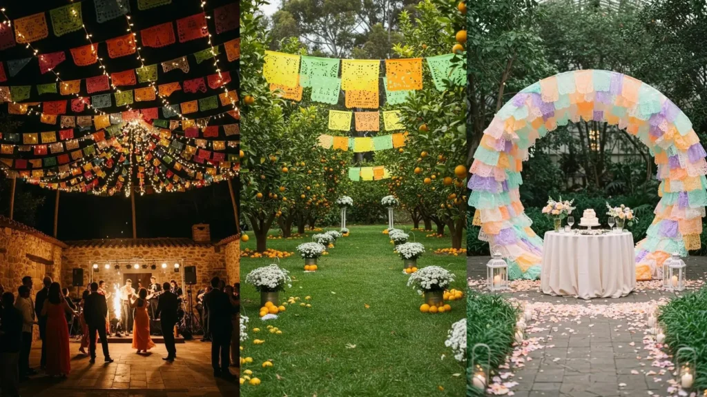 Arco de boda con papel picado de colores pastel y mesa de pastel, decoraciones mexicanas vibrantes para una boda inolvidable.