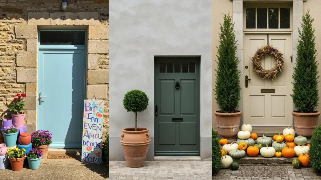 Porches franceses encantadores con puertas decoradas, arreglos florales vibrantes y calabazas de otoño para tu hogar.