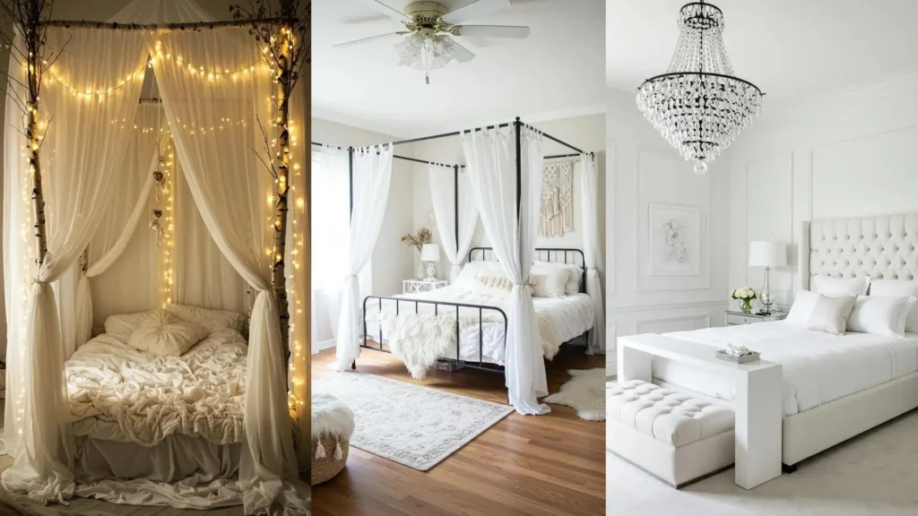 Tres dormitorios monocromáticos en blanco puro con camas con dosel y detalles elegantes, transmitiendo paz total.